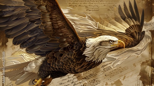 Soaring American eagle with bill of rights background celebrating Constitution Week, banner or wallpaper