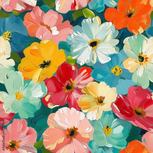 A vibrant, colorful floral pattern on an aqua background