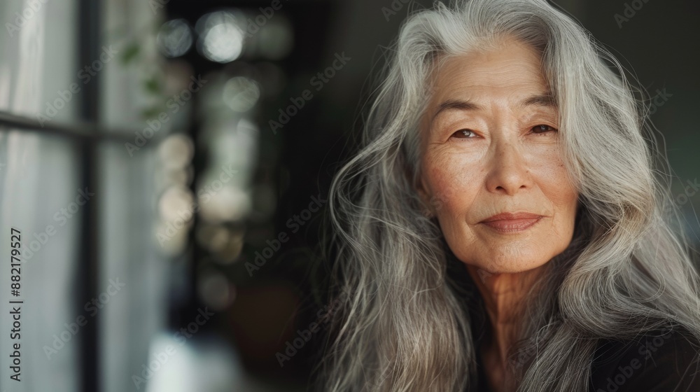 Portrait of a Woman With Grey Hair, Looking Directly at the Camera, Indoors
