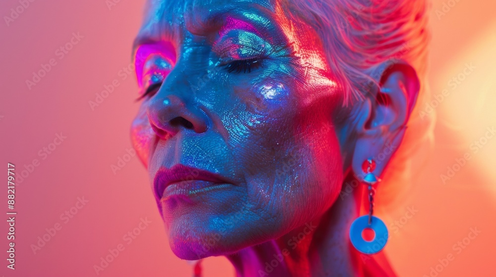 Close-Up Portrait of a Woman With Blue Makeup and Neon Lights Close-Up Portrait of a Woman With Blue Makeup and Neon Lights