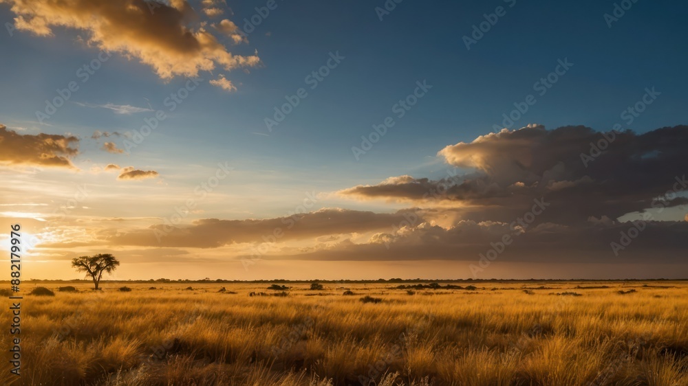 Fototapeta premium A captivating sunset over a tranquil savanna landscape with a solitary tree and expansive golden grassland, ideal for themes of nature and serenity