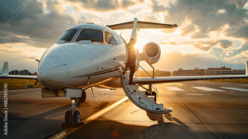 Private jet aircraft parked on runway at sunset, showcasing luxury travel and aviation against a dramatic sky backdrop. photo