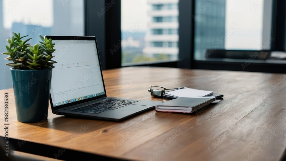 A modern office desk setup with a laptop, notebook, glasses, and a plant, set against large windows, ideal for professional or business environments A modern office desk setup with a laptop, notebook, glasses, and a plant, set against large windows, ideal for professional or business environments
