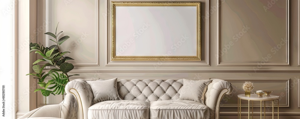 Chic living room with an empty gold-leaf frame. Chic living room with an empty gold-leaf frame.