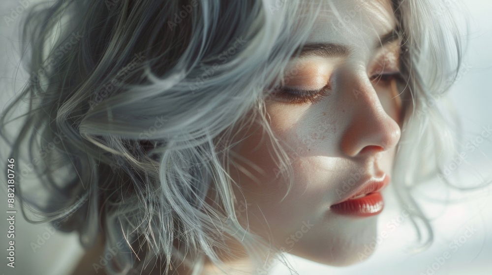 Closeup Portrait of a Woman With Short, Light Grey Hair in Soft Light Closeup Portrait of a Woman With Short, Light Grey Hair in Soft Light