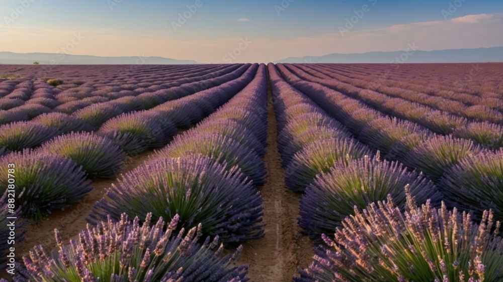 A vast, picturesque lavender field stretching to the horizon under an open sky, perfect for themes of agriculture, tranquility, and natural beauty A vast, picturesque lavender field stretching to the horizon under an open sky, perfect for themes of agriculture, tranquility, and natural beauty