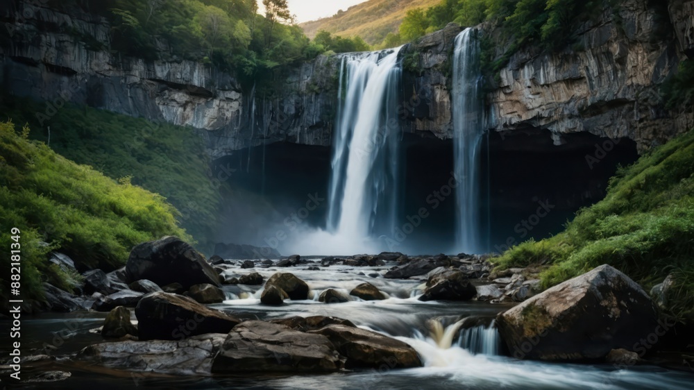 A stunning landscape featuring a waterfall cascading into a stream surrounded by lush greenery, rocks, and a serene forest, perfect for nature lovers A stunning landscape featuring a waterfall cascading into a stream surrounded by lush greenery, rocks, and a serene forest, perfect for nature lovers