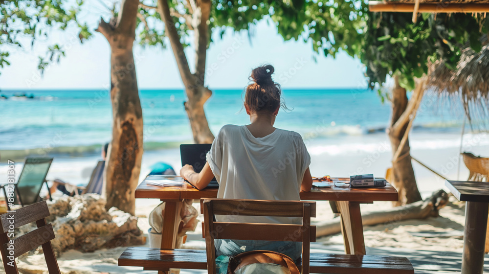 A person working remotely from a picturesque outdoor setting, like a beachside café or a park, blending the themes of remote work and summer leisure A person working remotely from a picturesque outdoor setting, like a beachside café or a park, blending the themes of remote work and summer leisure