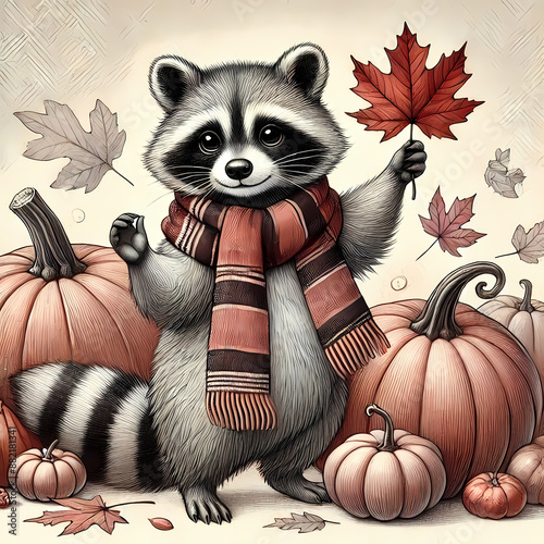 Cute Raccoon dacing with pumpkin photo