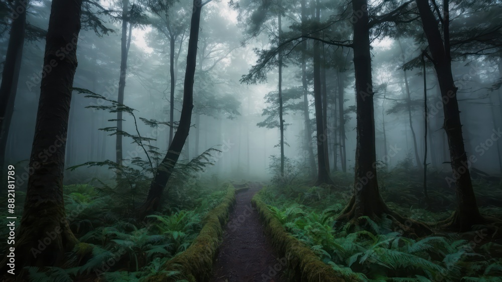 Fototapeta premium A misty forest pathway surrounded by tall trees and lush greenery, evoking a serene, mysterious atmosphere ideal for nature, adventure, and tranquil escapes