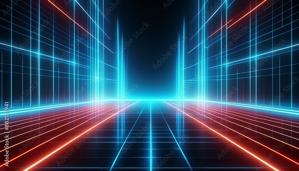 Cyan blue and red grids neon glow light grid backdrop design with creativity, virtual reality concept, hi-tech abstract backgroud Cyan blue and red grids neon glow light grid backdrop design with creativity, virtual reality concept, hi-tech abstract backgroud