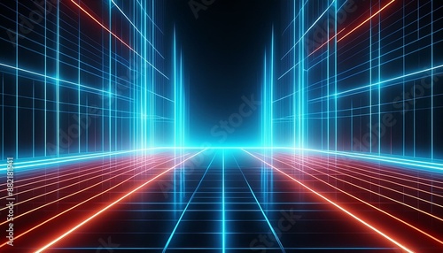 Cyan blue and red grids neon glow light grid backdrop design with creativity, virtual reality concept, hi-tech abstract backgroud 