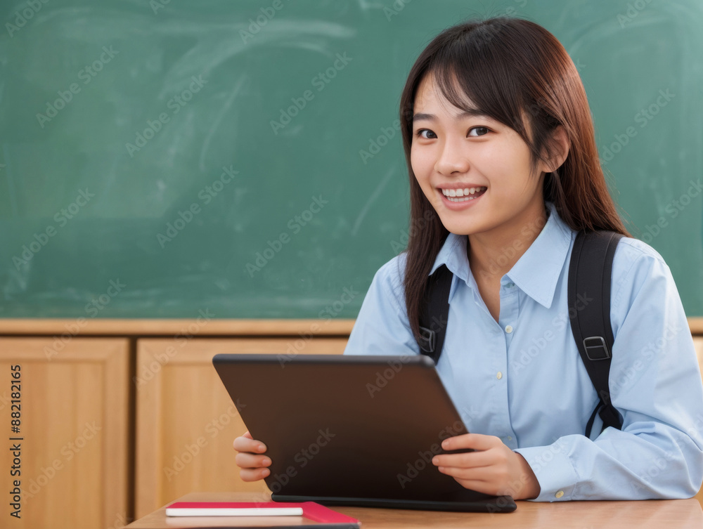 Young japanese student smiles while using tablet in classroom with green chalkboard Young japanese student smiles while using tablet in classroom with green chalkboard