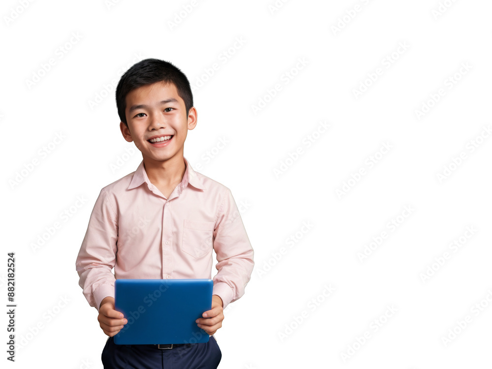 PNG young asian schoolboy, pink shirt, smiles and holds blue tablet in front of white isolated transparent background PNG young asian schoolboy, pink shirt, smiles and holds blue tablet in front of white isolated transparent background