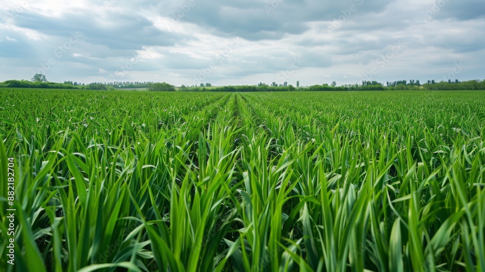 The Stunning Panoramic View Captures the Lush Wheat Field Stretching Out Under the Cloudy Sky, Creating a Serene and Peaceful Scenery The Stunning Panoramic View Captures the Lush Wheat Field Stretching Out Under the Cloudy Sky, Creating a Serene and Peaceful Scenery