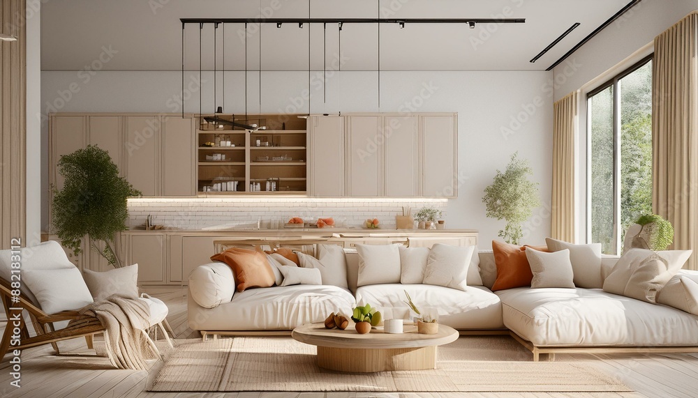 ,3d illustration, Interior Scene and Mockup,living room and kitchen interior,scandinavian style wall white and beige. Generative AI ,3d illustration, Interior Scene and Mockup,living room and kitchen interior,scandinavian style wall white and beige. Generative AI