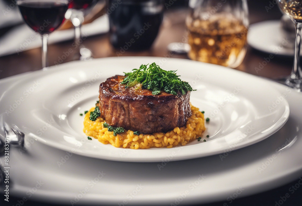 Osso buco with gremolata and risotto milanese on a pristine white plate with a glass of Italian red
Osso buco with gremolata and risotto milanese on a pristine white plate with a glass of Italian red