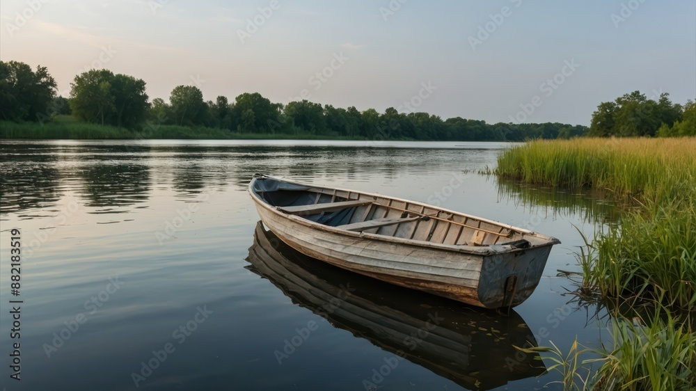 A serene image of a wooden boat floating on a calm lake near a grassy shoreline at sunset, ideal for concepts like solitude, relaxation, and nature adventures A serene image of a wooden boat floating on a calm lake near a grassy shoreline at sunset, ideal for concepts like solitude, relaxation, and nature adventures