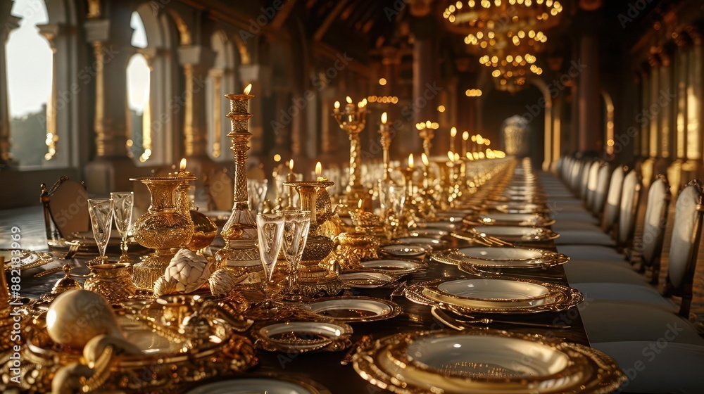 long table with gold plates and glasses and a chandelier long table with gold plates and glasses and a chandelier