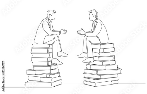 Continuous one line drawing of two businessmen sitting and talking over each pile of books, business knowledge exchange concept, single line art.