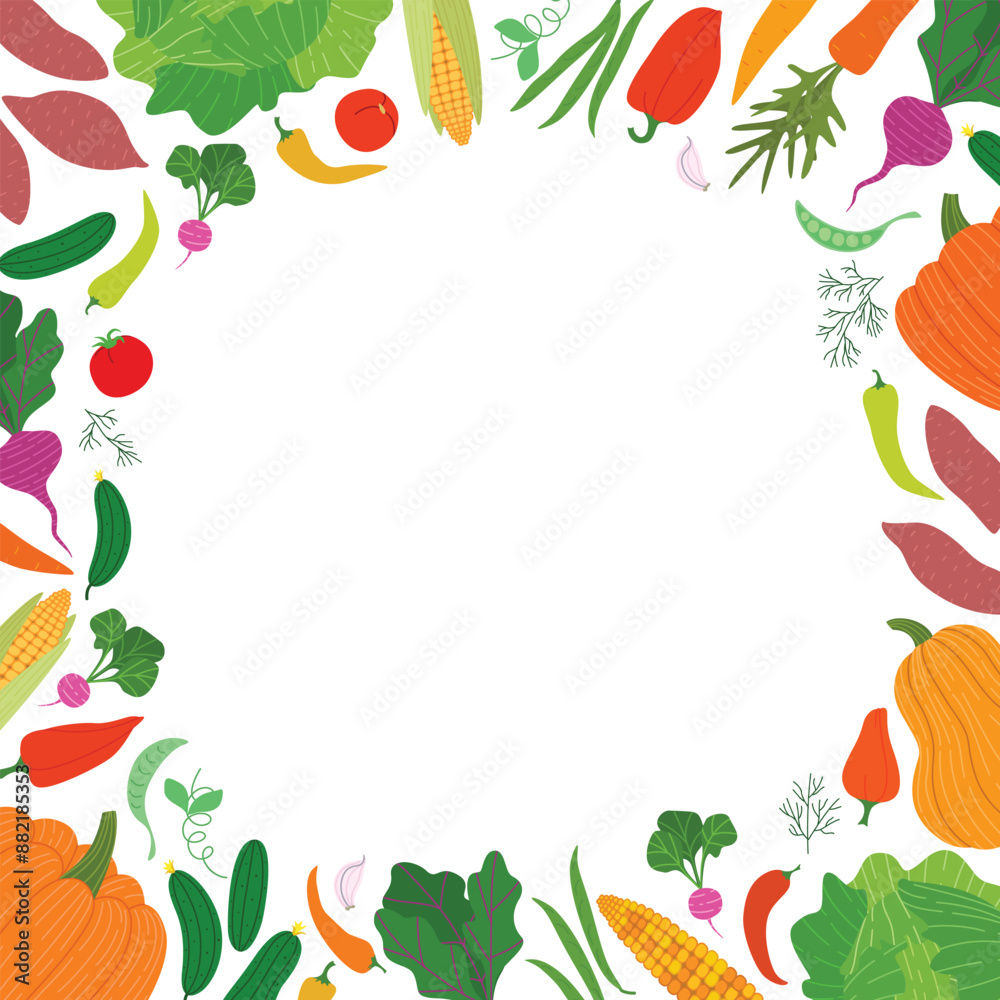 Vegetables frame. Empty square template for fresh food market. Veggies farm harvest vector illustration Vegetables frame. Empty square template for fresh food market. Veggies farm harvest vector illustration