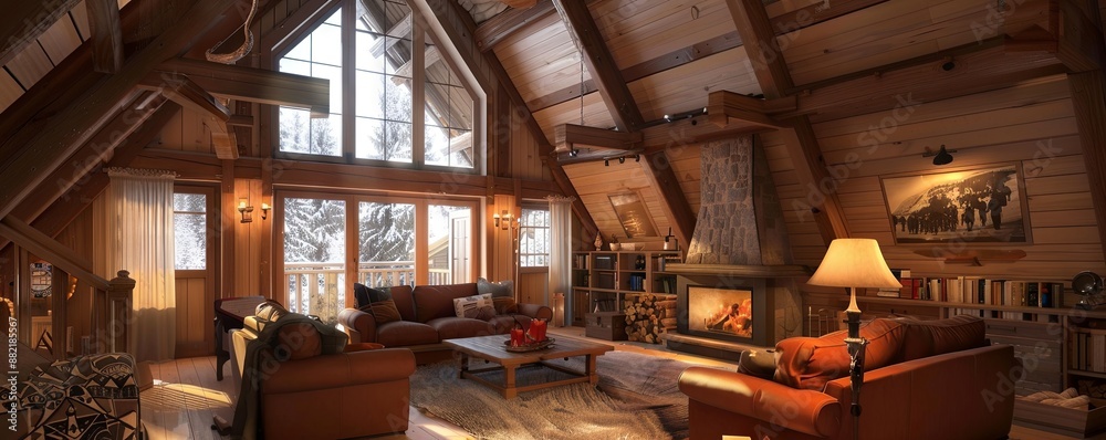 Cozy chalet with exposed beams and a roaring fire. Cozy chalet with exposed beams and a roaring fire.