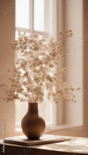 Laptop computer with blank mockup screen Beige flowers in a brown vase on a table Beige wall with a