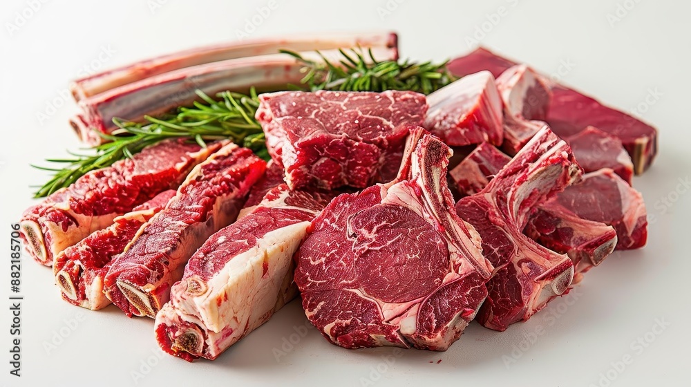 pile of raw meat with rosemary on a white surface pile of raw meat with rosemary on a white surface