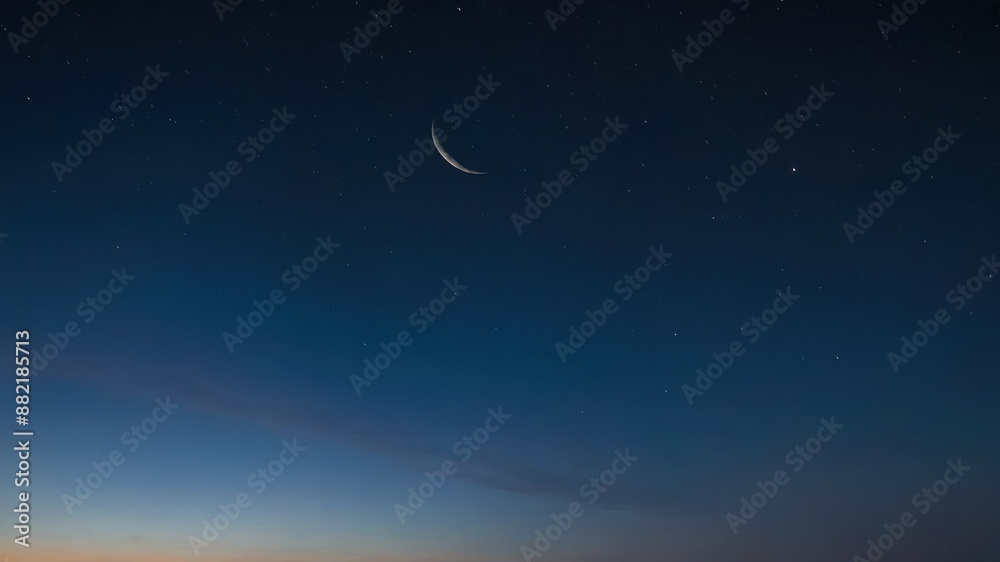 A serene night sky with a beautiful crescent moon and twinkling stars, capturing the tranquil beauty of twilight and the mysteries of the cosmos A serene night sky with a beautiful crescent moon and twinkling stars, capturing the tranquil beauty of twilight and the mysteries of the cosmos