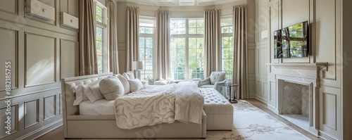 Elegant bedroom with custom millwork and luxurious bedding.