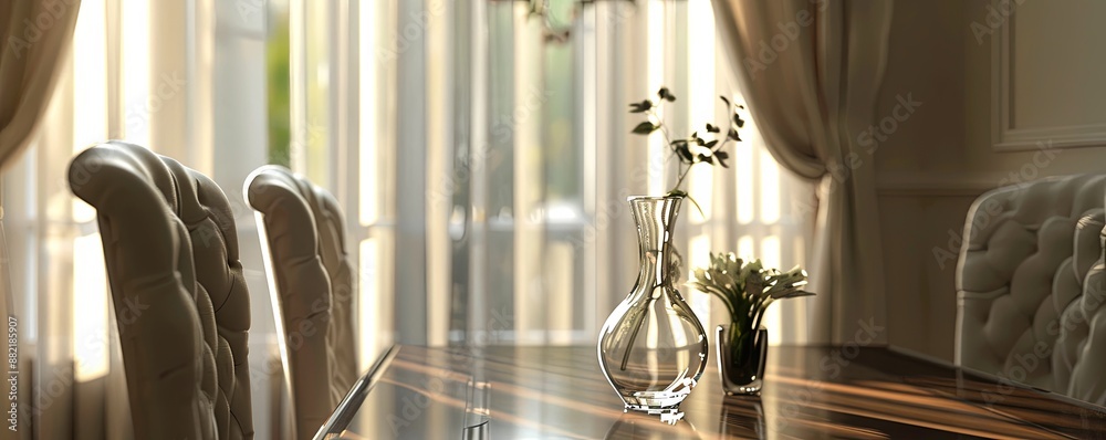 Elegant dining room with an empty glass vase.