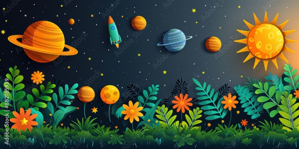 playful digital illustration of a solar system with flowers playful digital illustration of a solar system with flowers