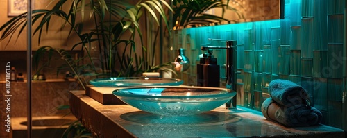 Extravagant bathroom with an empty glass vanity tray.