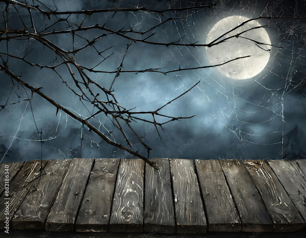 Halloween background with full moon, spider webs and dry tree branches ...