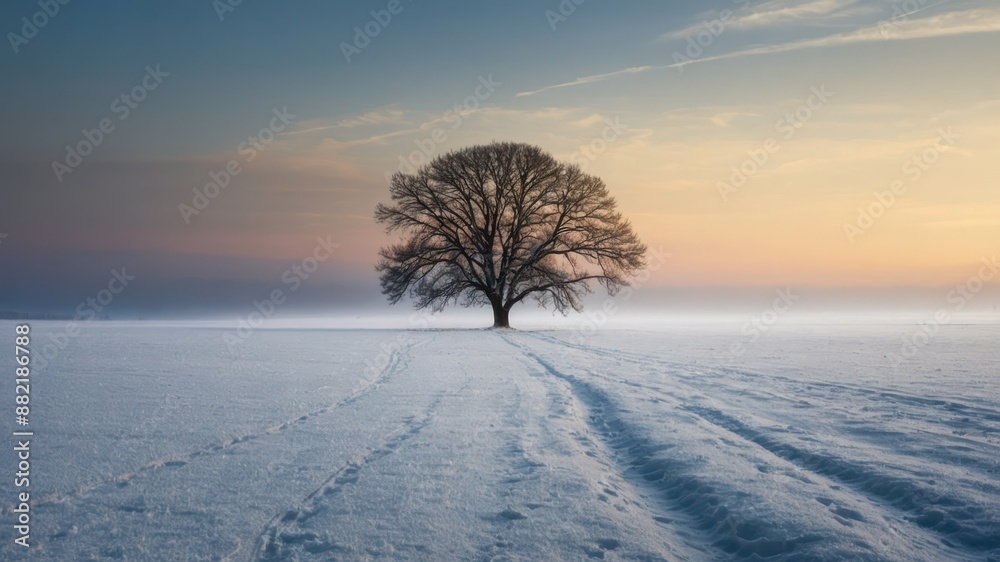 A solitary tree stands in a snowy field at sunset, embodying the serene and tranquil atmosphere of a winter landscape Ideal for winter themed uses A solitary tree stands in a snowy field at sunset, embodying the serene and tranquil atmosphere of a winter landscape Ideal for winter themed uses