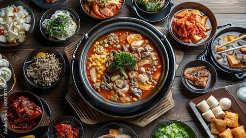 Authentic Korean Stew Feast with Kimchi and Rice on Wooden Table © pkproject