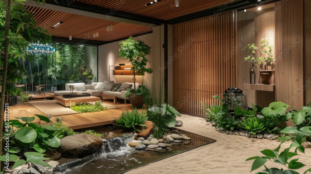 A tranquil living room featuring a zen garden with a small stream, A tranquil living room featuring a zen garden with a small stream,