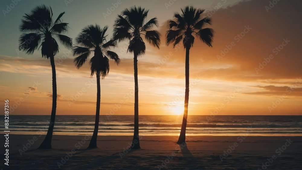 Sunset beach scene with silhouetted palm trees against a picturesque sky, perfect for tropical getaways, vacations, and serene, relaxing moments Sunset beach scene with silhouetted palm trees against a picturesque sky, perfect for tropical getaways, vacations, and serene, relaxing moments