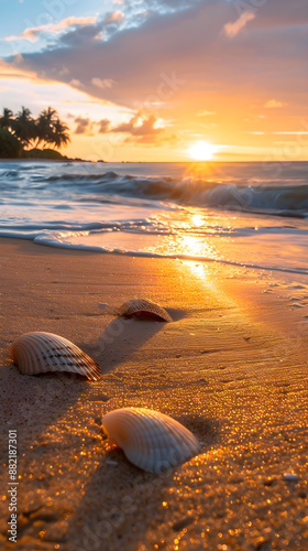 Serene Beach Sunset with Vibrant Sky and Swaying Palm Trees