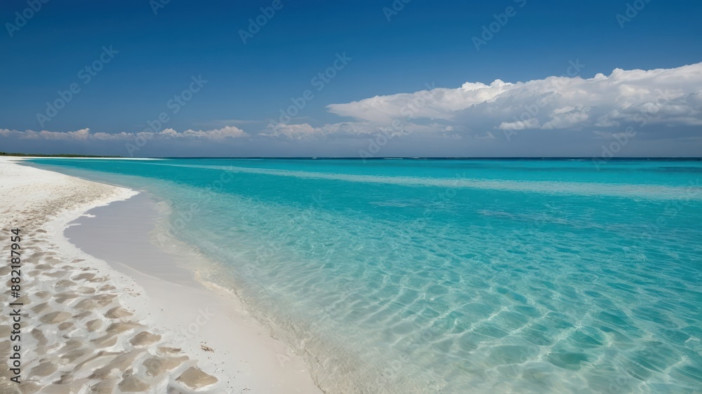 Pristine tropical beach with crystal clear waters and white sands under a sunny blue sky, perfect for relaxing, vacation, or serene escapes Pristine tropical beach with crystal clear waters and white sands under a sunny blue sky, perfect for relaxing, vacation, or serene escapes