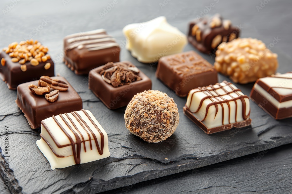 Gourmet chocolate pralines assortment resting on a slate plate Gourmet chocolate pralines assortment resting on a slate plate