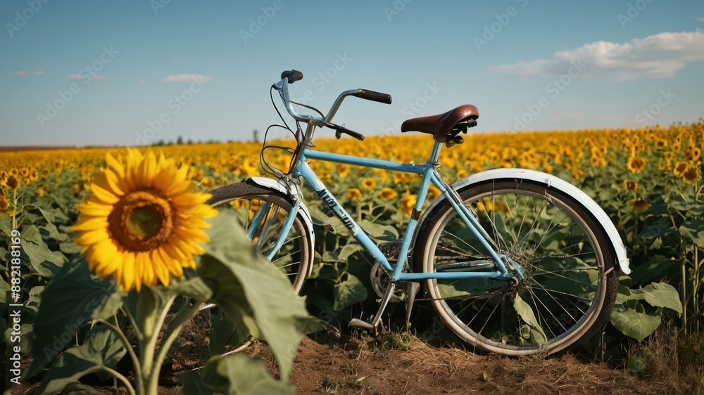 Obraz premium A blue bicycle amidst a vibrant sunflower field under a clear sky, ideal for summer, travel, adventure, and nature themed concepts or holidays