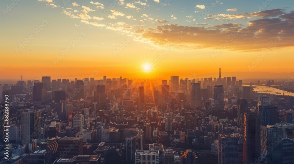 Fototapeta premium city skyline with a sunset in the background