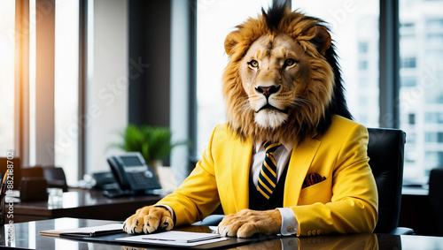 Lion with human-like body sits at large, modern office desk, wearing ayellow suit, white shirt, black and gold tie photo