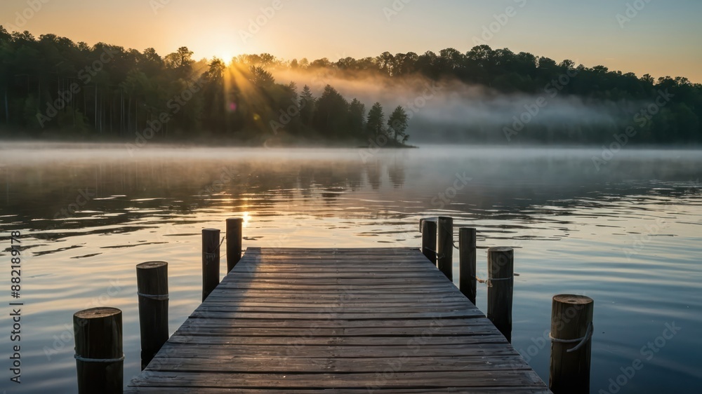 A serene sunrise over a misty lake, captured from a wooden dock  The calm water and peaceful atmosphere make it perfect for relaxation and contemplation