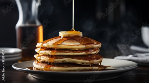 .ancakes stacked with butter and honey photo