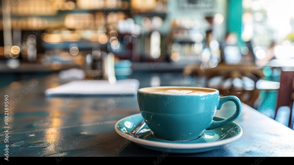 A frothy coffee cup in a vibrant modern cafe interior setting backdrop. A frothy coffee cup in a vibrant modern cafe interior setting backdrop.