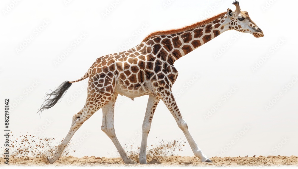 Obraz premium Giraffe Running Through Sand with a White Background