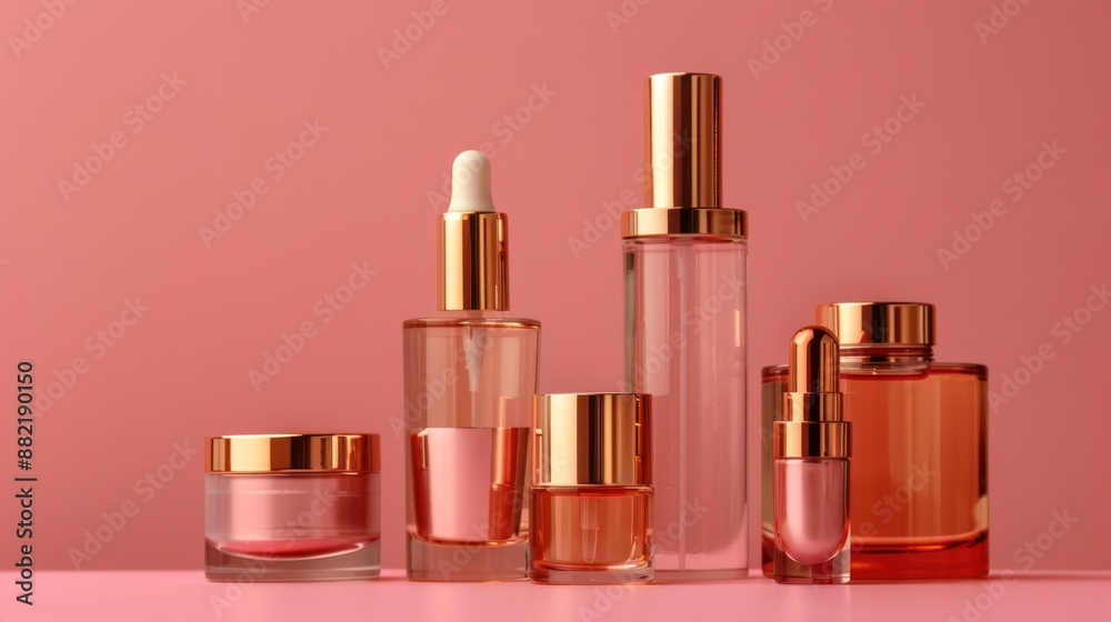 Elegant skincare bottles and creams on a pink background. Elegant skincare bottles and creams on a pink background.