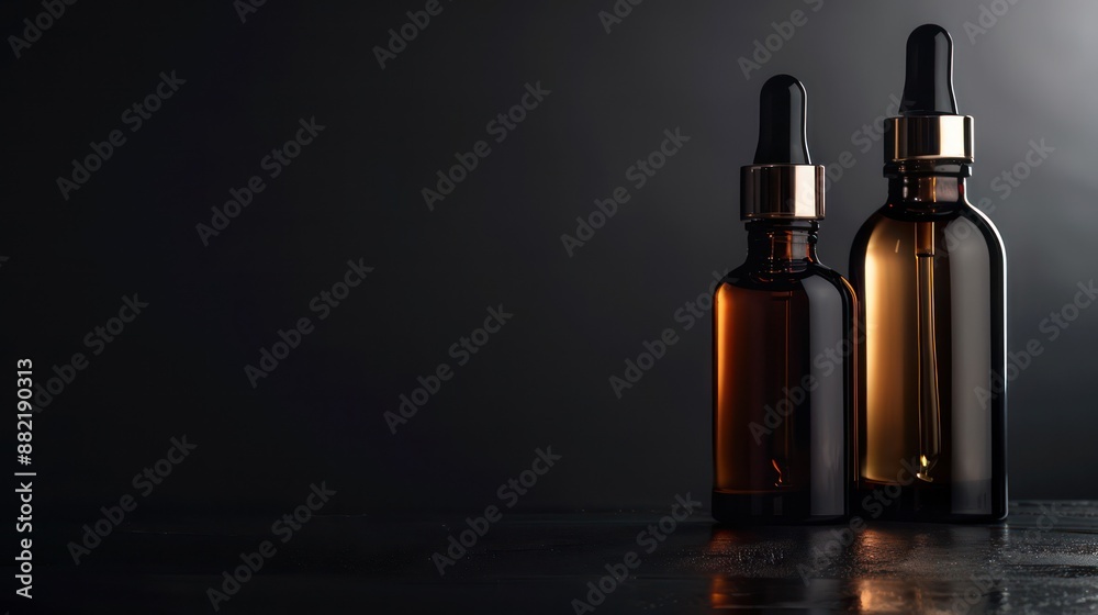 Fototapeta premium Two dark amber glass dropper bottles illuminated by soft side lighting.